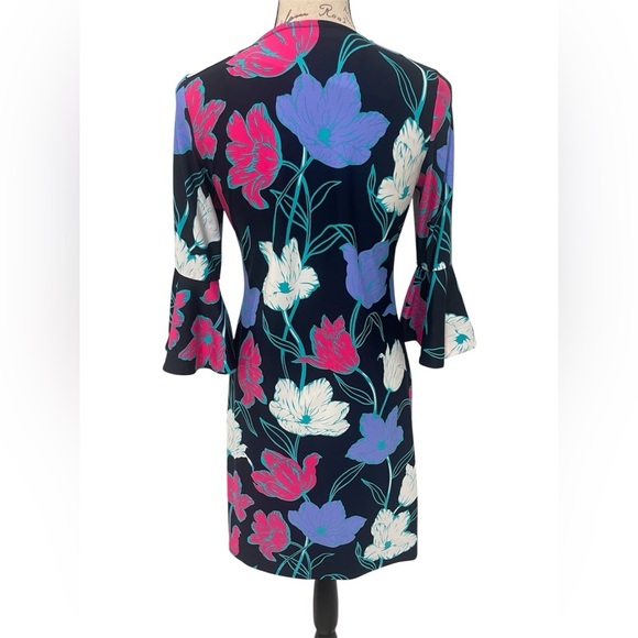 Jude Connally Lyla Long Tulip Navy Pink and Blue Sheath Dress with Bell Sleeves - Picture 6 of 8